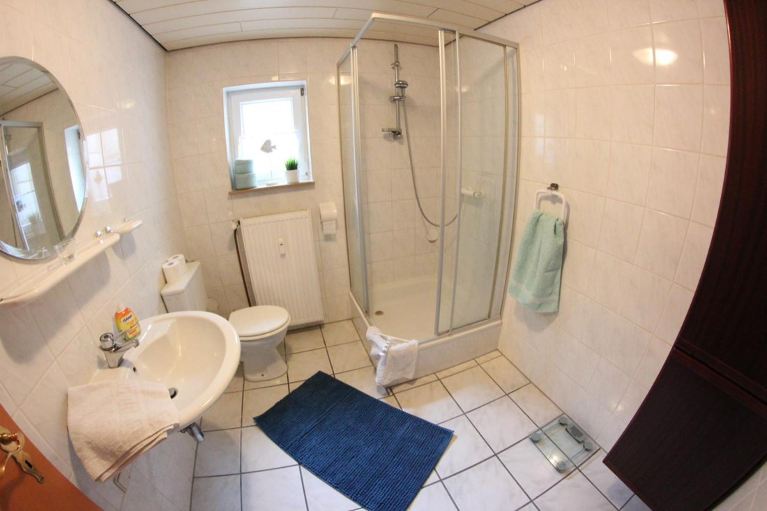 Badezimmer mit Dusche, Waschbecken und Fenster